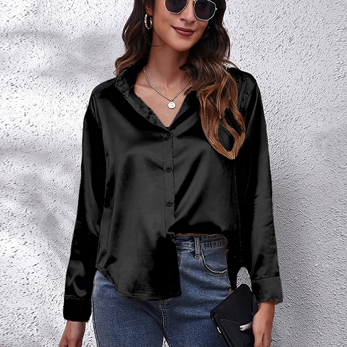 Women's Satin Shirt Long Sleeve Solid Color Lapel Collar Regular Length Single Breasted Elegant Polyester