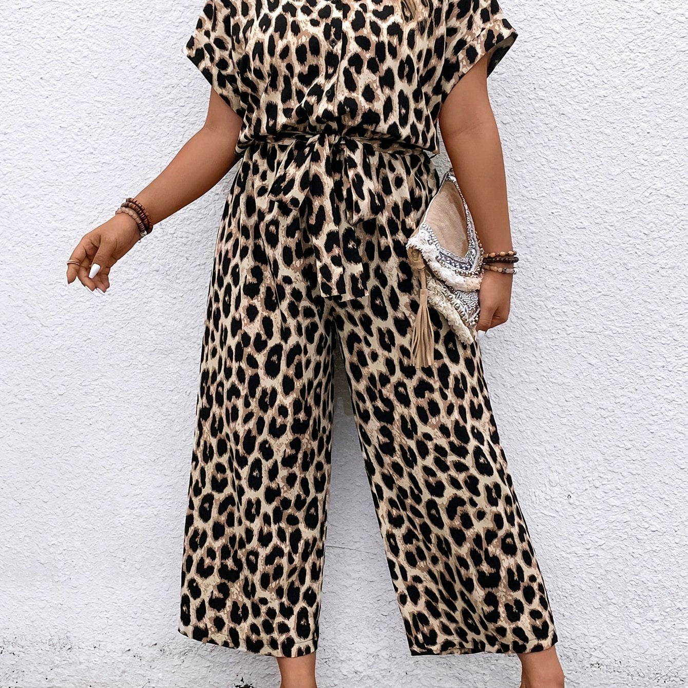 Mono de mujer de talla grande con estampado de leopardo, casual, de manga corta y pantalón ancho