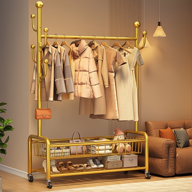 Multifunctional Rolling Coat Rack with 6 Hooks and Shelf Black Metal