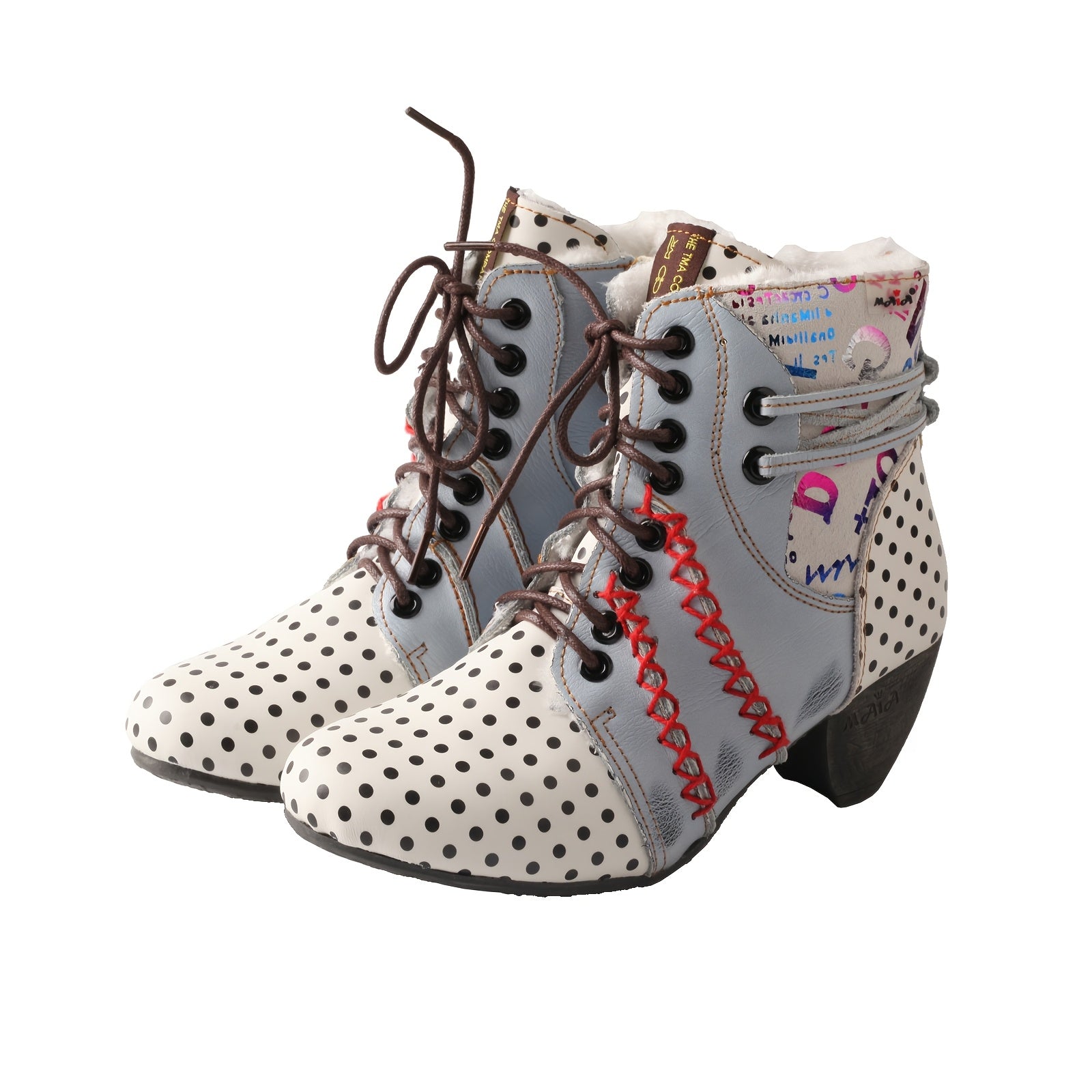 Women's Winter Ankle Boots Leather Mid Heel Lace-Up with Print