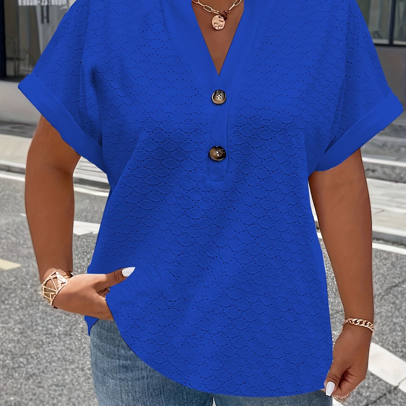 Women's Black Button-Front T-Shirt with Stand-Up Collar Casual Top