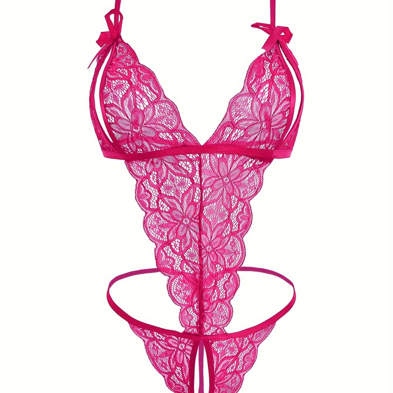 Lingerie Lace Backless Bodysuit with Open Crotch Thong and Bow