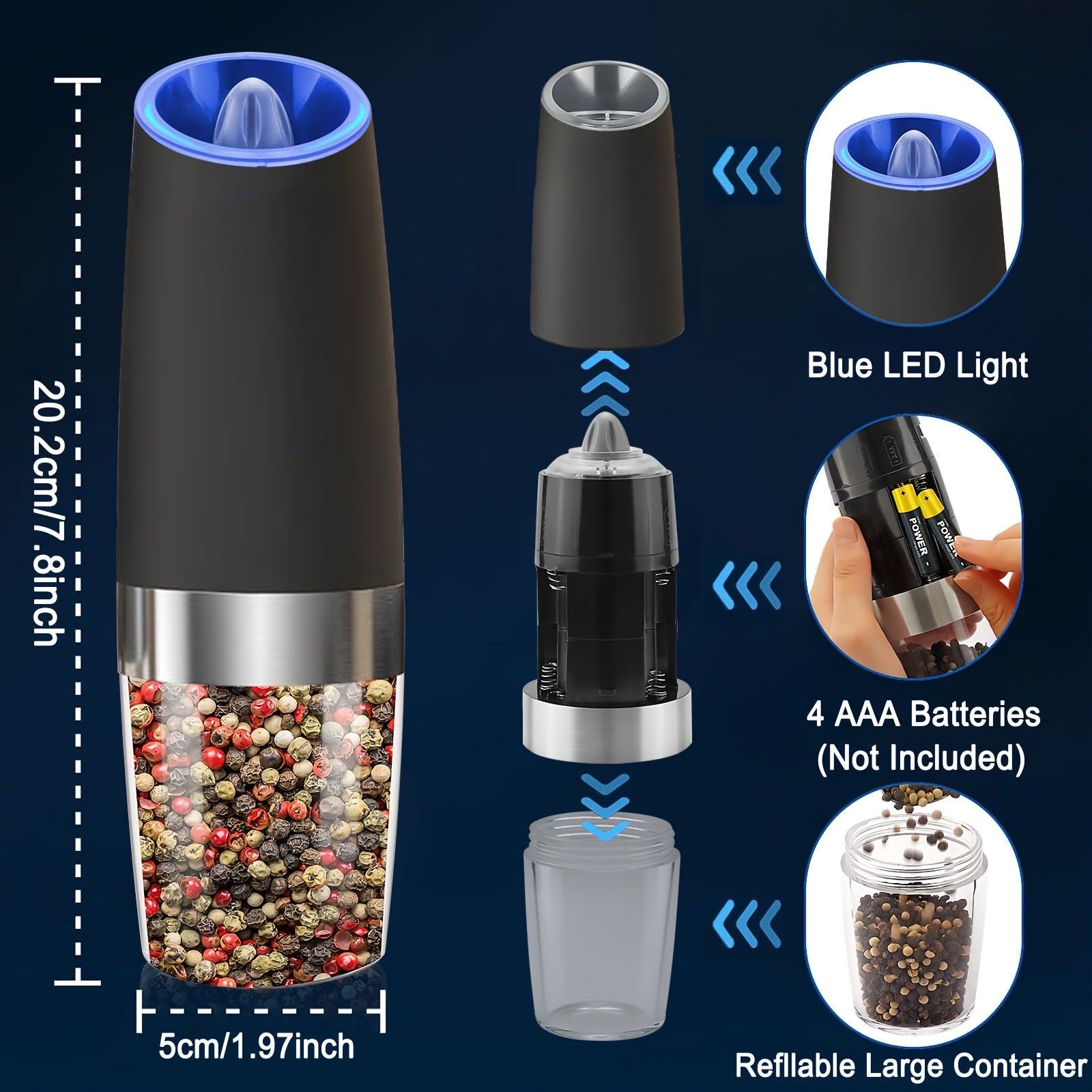 Ikki taqsimli elektr pechene va tuz maydalagich to'plami, sozlanadigan qattiqlik bilan, batareyali, LED chiroqlar, bitta qo'l bilan boshqarish, katta hajmli, yuviladigan, qora - Sevgililar kuni sovg'alariga ideal.
