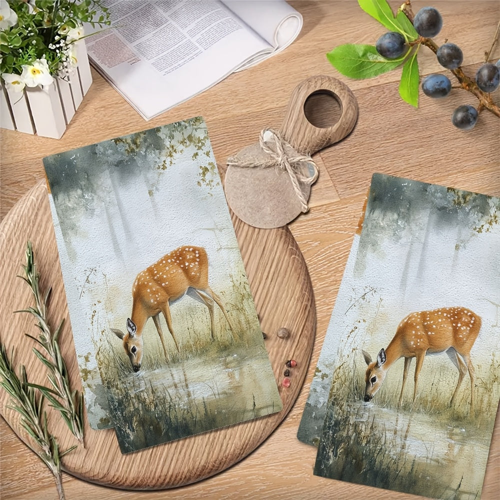 Set of 2 Ultra Soft Kitchen Towels Deer Grazing Scene 40x60cm Absorbent