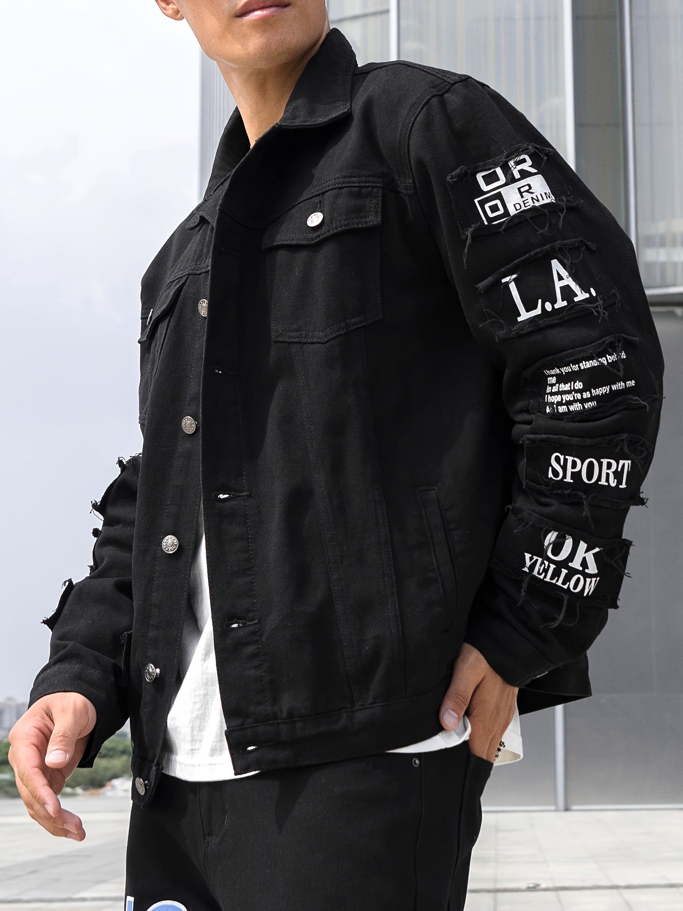 Men's Denim Jacket Cotton Long Sleeve Casual Alphabet Pattern with Pocket