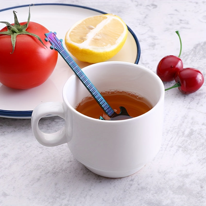 Set of 7 Colorful Stainless Steel Guitar Spoons for Coffee Ice Cream Candy