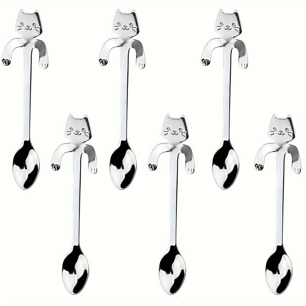 Set of 6 Cat-Shaped Stainless Steel Spoons for Coffee Tea Desserts