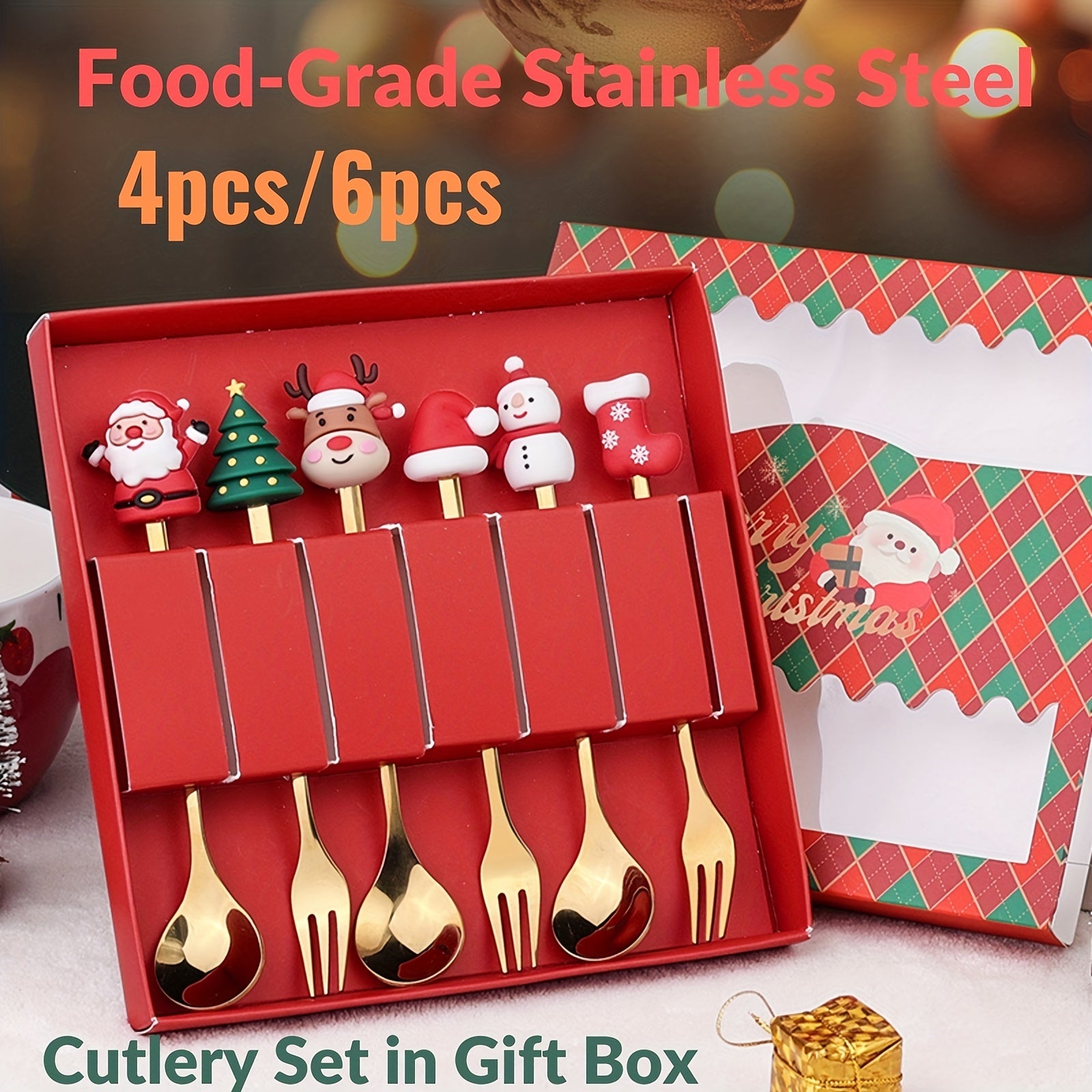 Christmas Themed Stainless Steel Cutlery Set 4 or 6 Pieces Gift Box for Desserts and Coffee