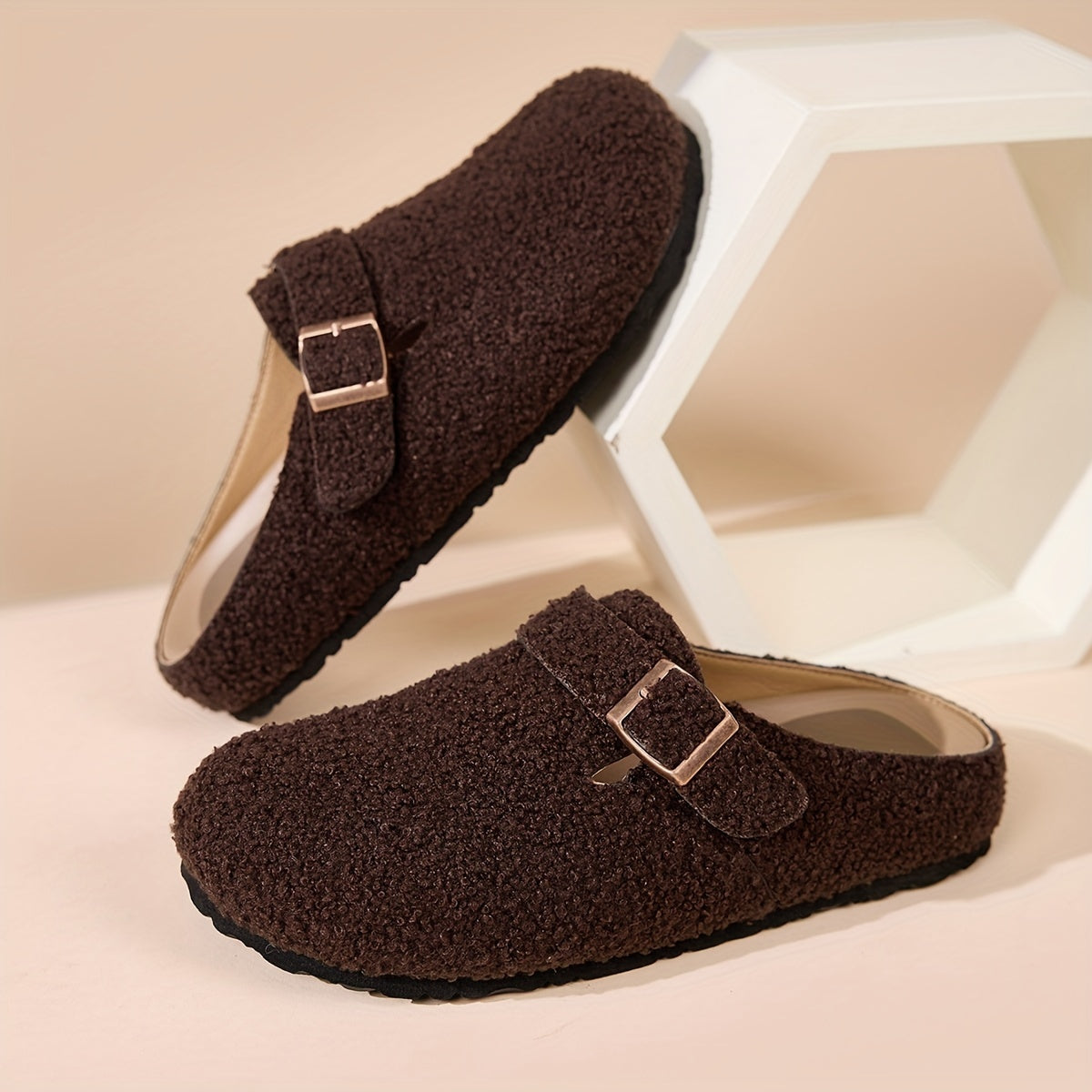 Women's Plush Mule Slippers with Adjustable Buckle Non-Slip Sole Indoor Outdoor