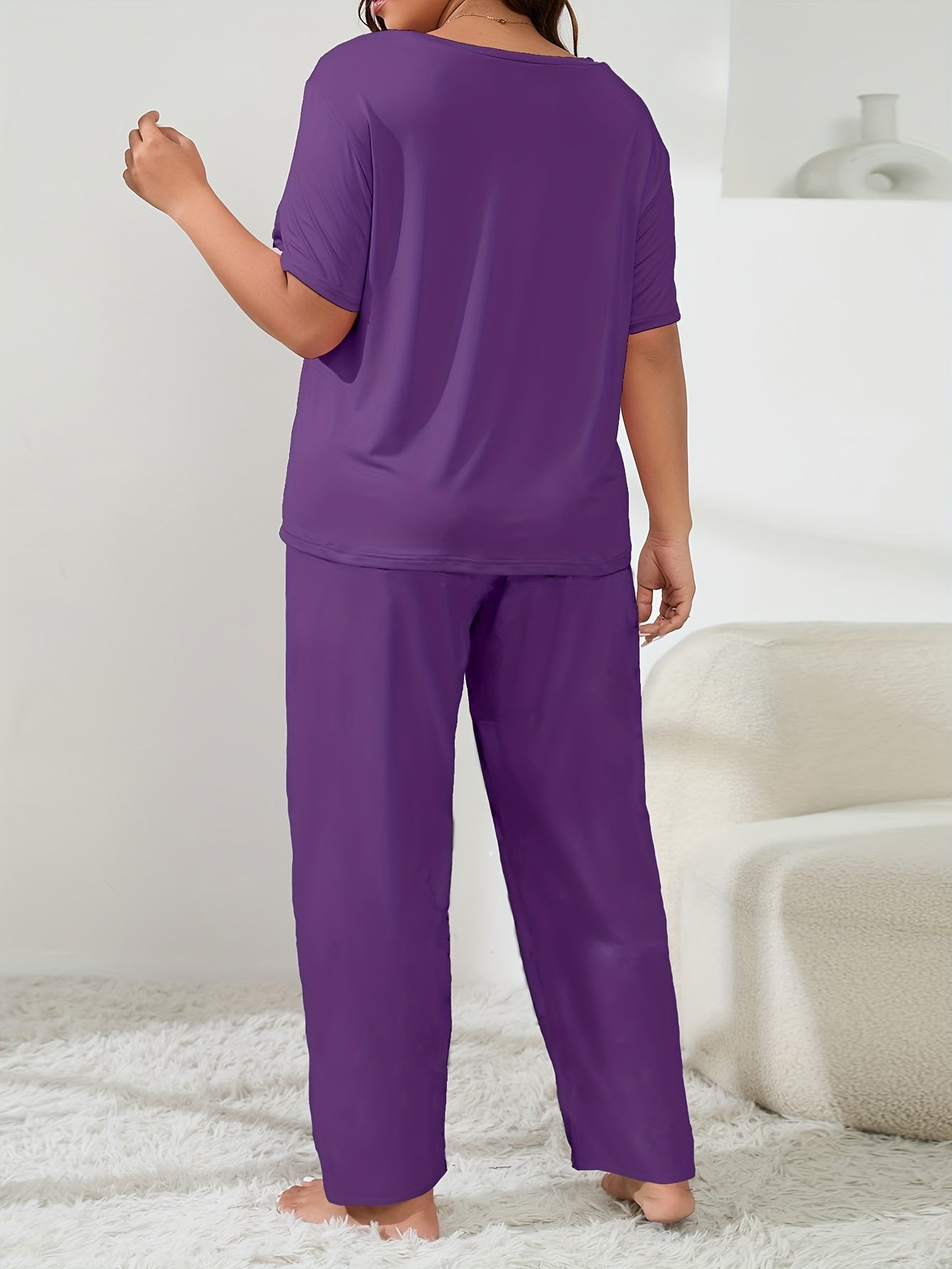 Women's Plus Size Polyester Lounge Set with Slogan Print Tee and Pants