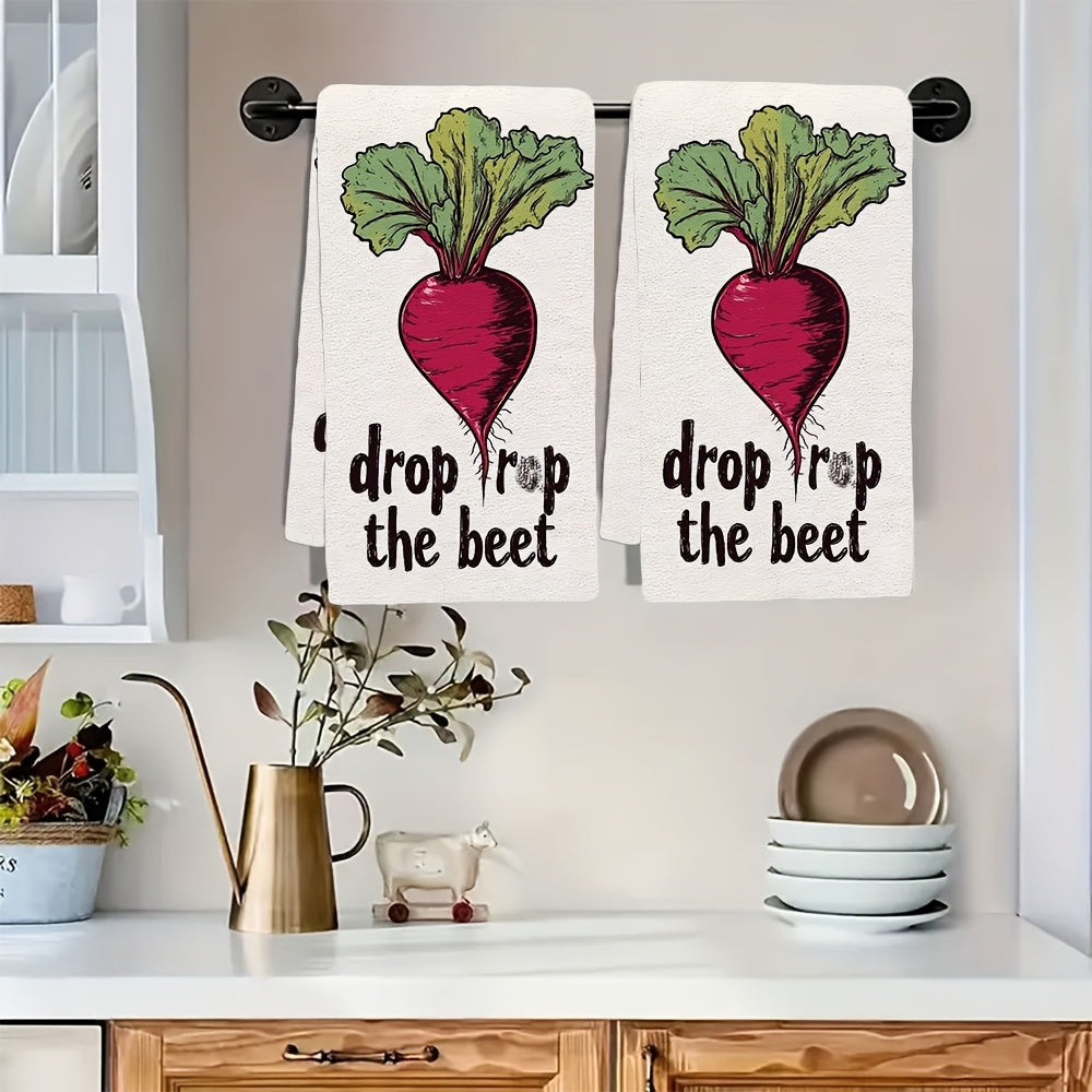 2 Pack Ultra Soft Polyester Kitchen Towels with Drop the Beet Design, Absorbent