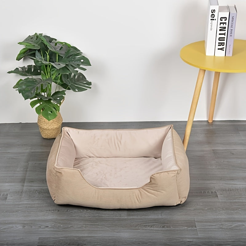 Square Pet Bed for Medium to Large Dogs Beige Warm Polyester Fiber Cushion Winter Comfort