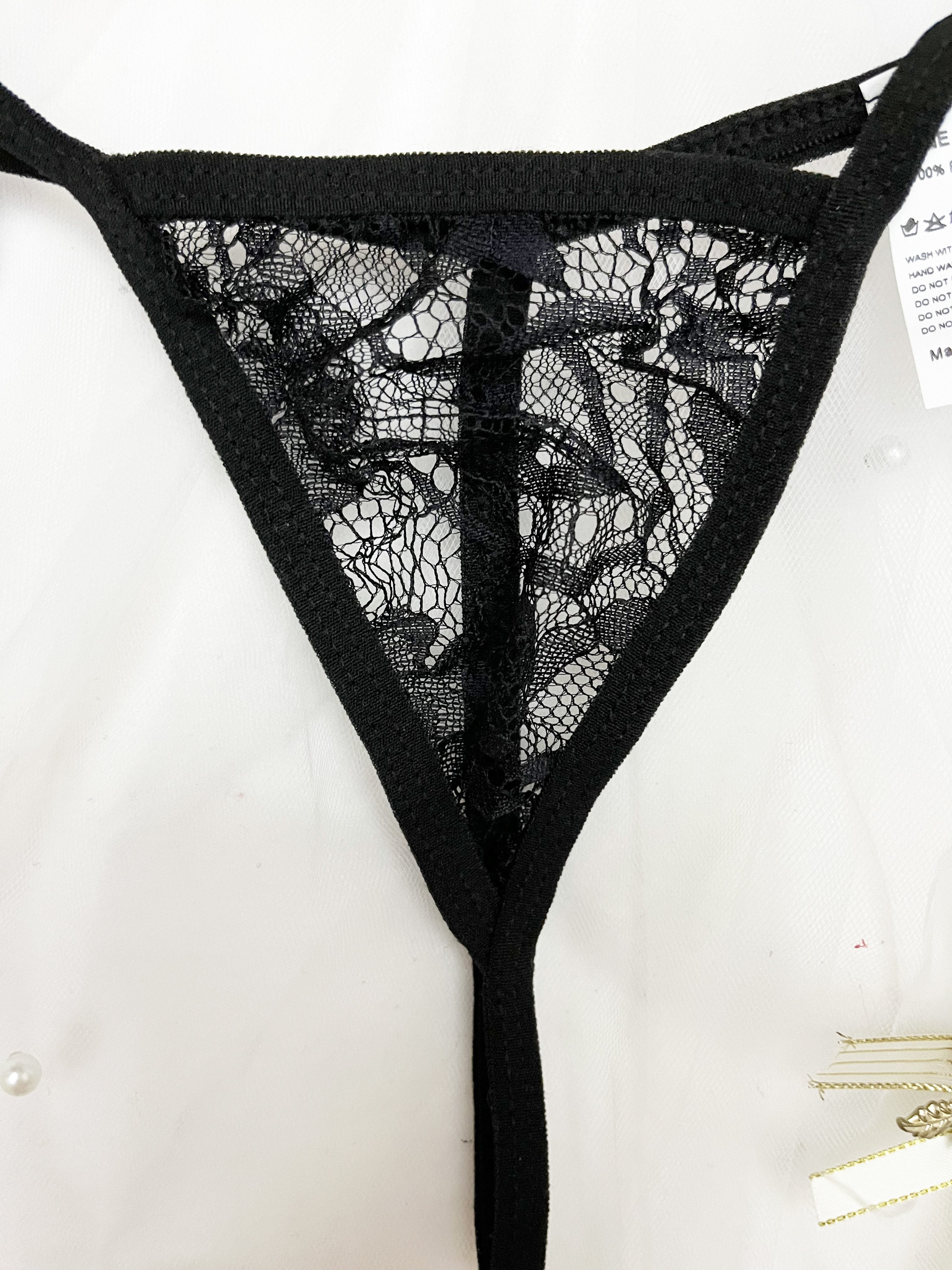 Women's Black Thong Panties Set with Adjustable Straps Polyester Knit Pack of 2