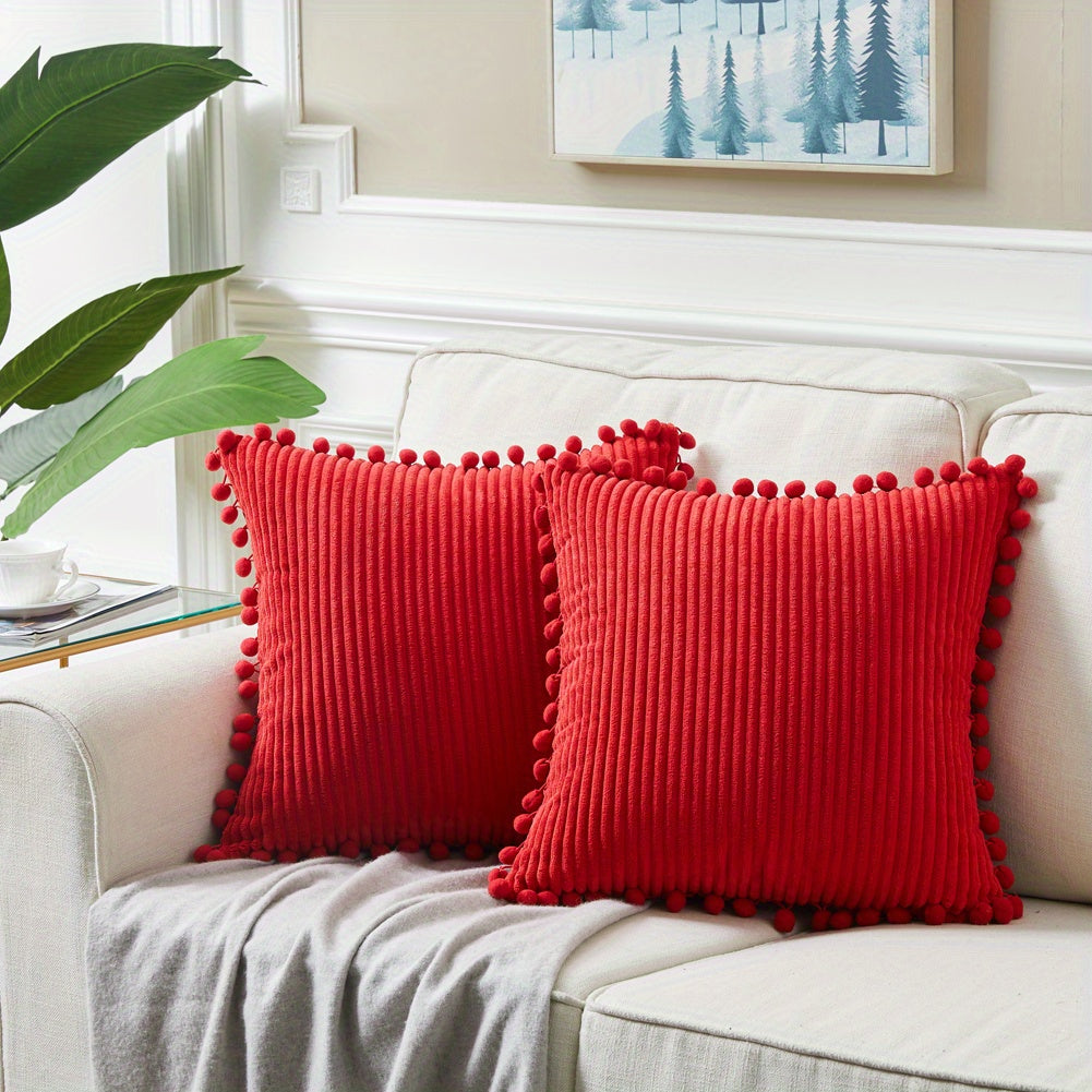 Набор из 2-х бохо наволочек для подушек с помпонами и акцентом из вельвета. Сплошные квадратные подушки для различных пространств. (18x18 дюймов/45x45 см). ВКЛЮЧЕНИЯ НЕ ВХОДЯТ.