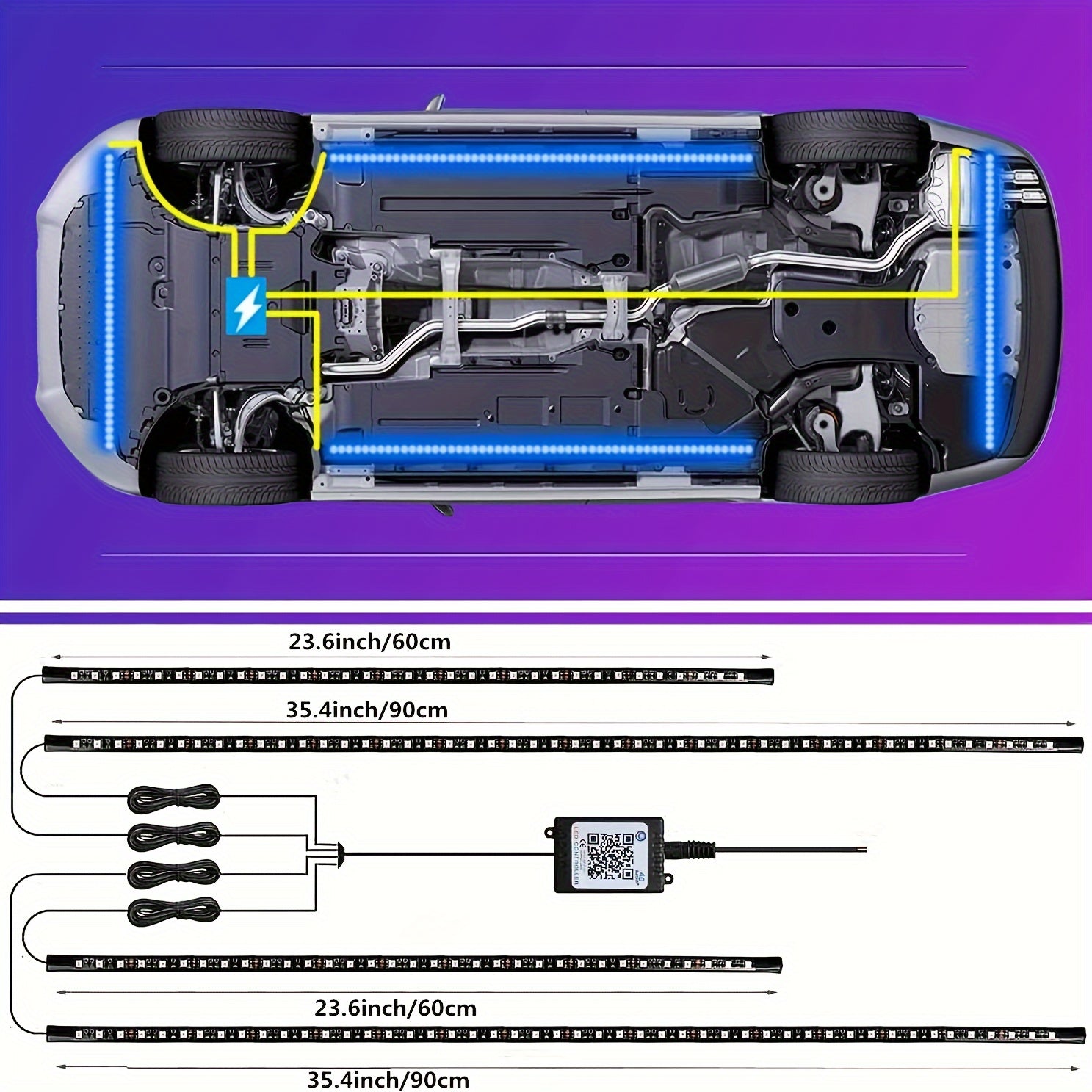 4pcs Car Under Glowing LED Strip Lights Kit App Controlled Music Sync