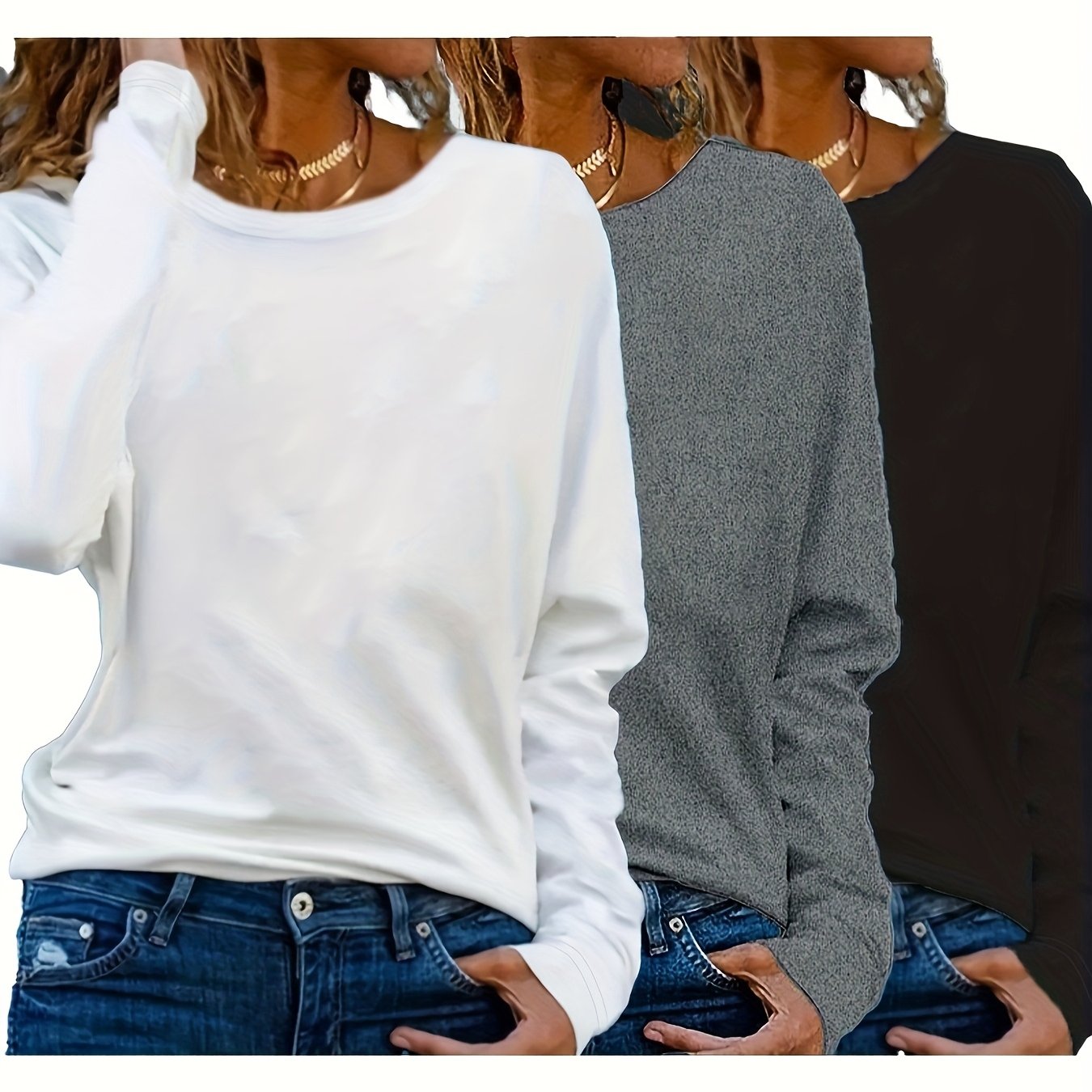 Women's Solid Color Round Neck Long Sleeve T-Shirts Casual Autumn Spring