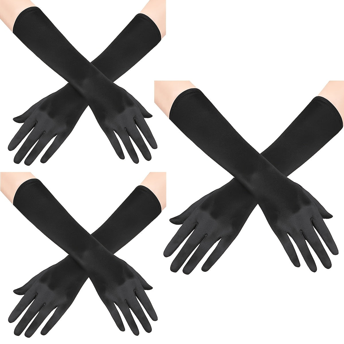 Ayollar uchun satindan tayyorlangan uzun opera qo'llari, 3 ta, vintage, tirsak uzunligi, kechki kiyim va to'y uchun