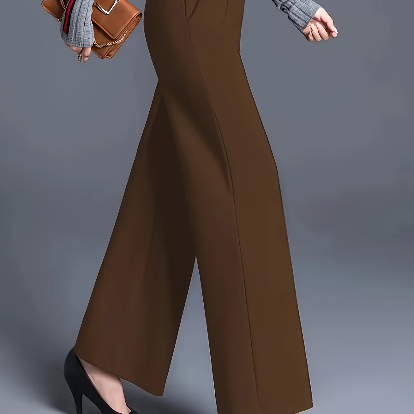 Pantalones de mujer de talla grande con pierna ancha y bolsillos, casual, oficina, color sólido, elásticos