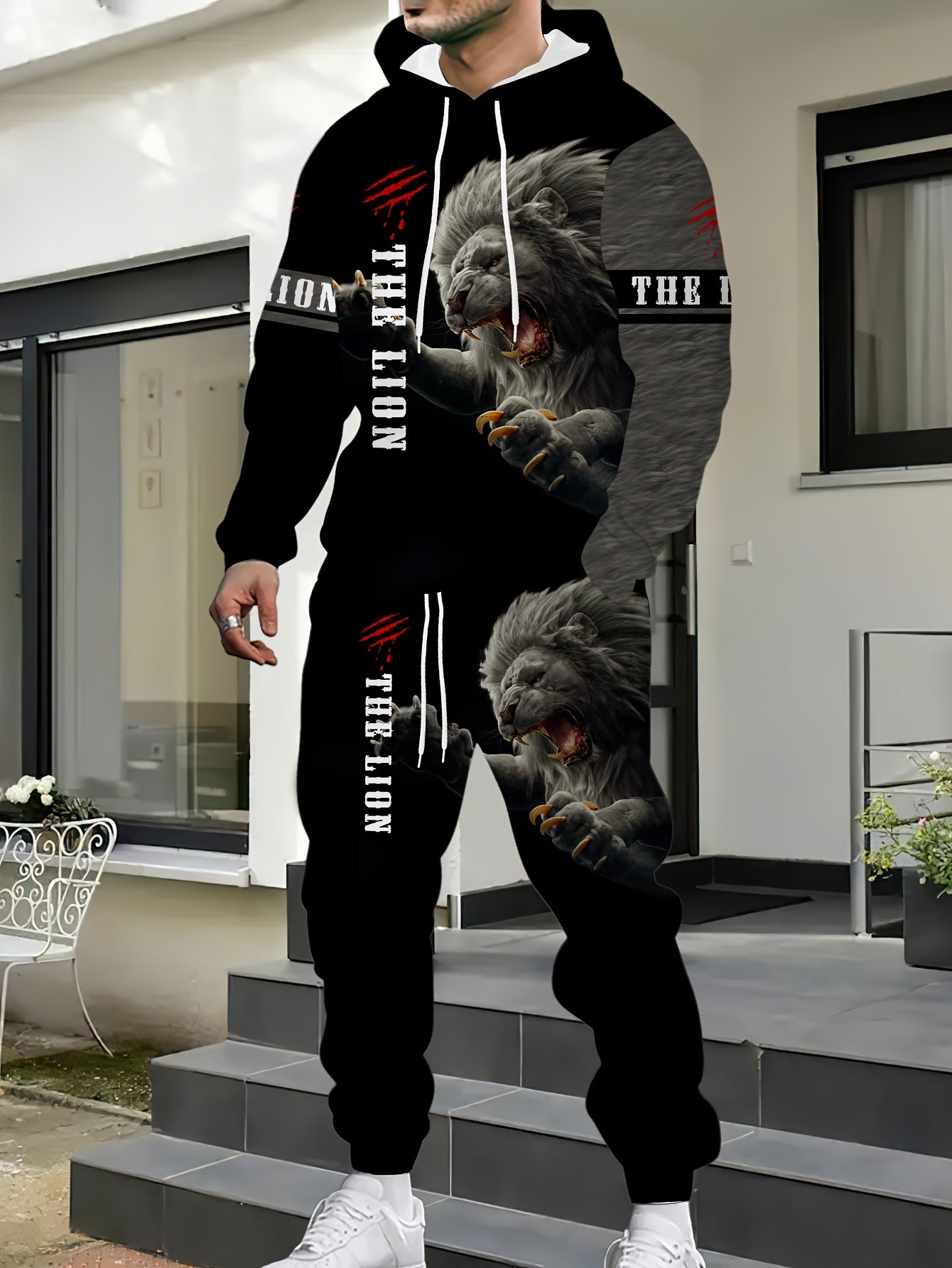 Men's Hoodie and Sweatpants Set with Lion Graphic Polyester Casual Spring Fall
