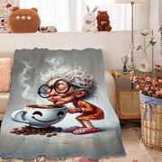 Cozy Flannel Blanket with Coffee Print Lightweight All-Season Knit Throw for Living Room Bed Decor