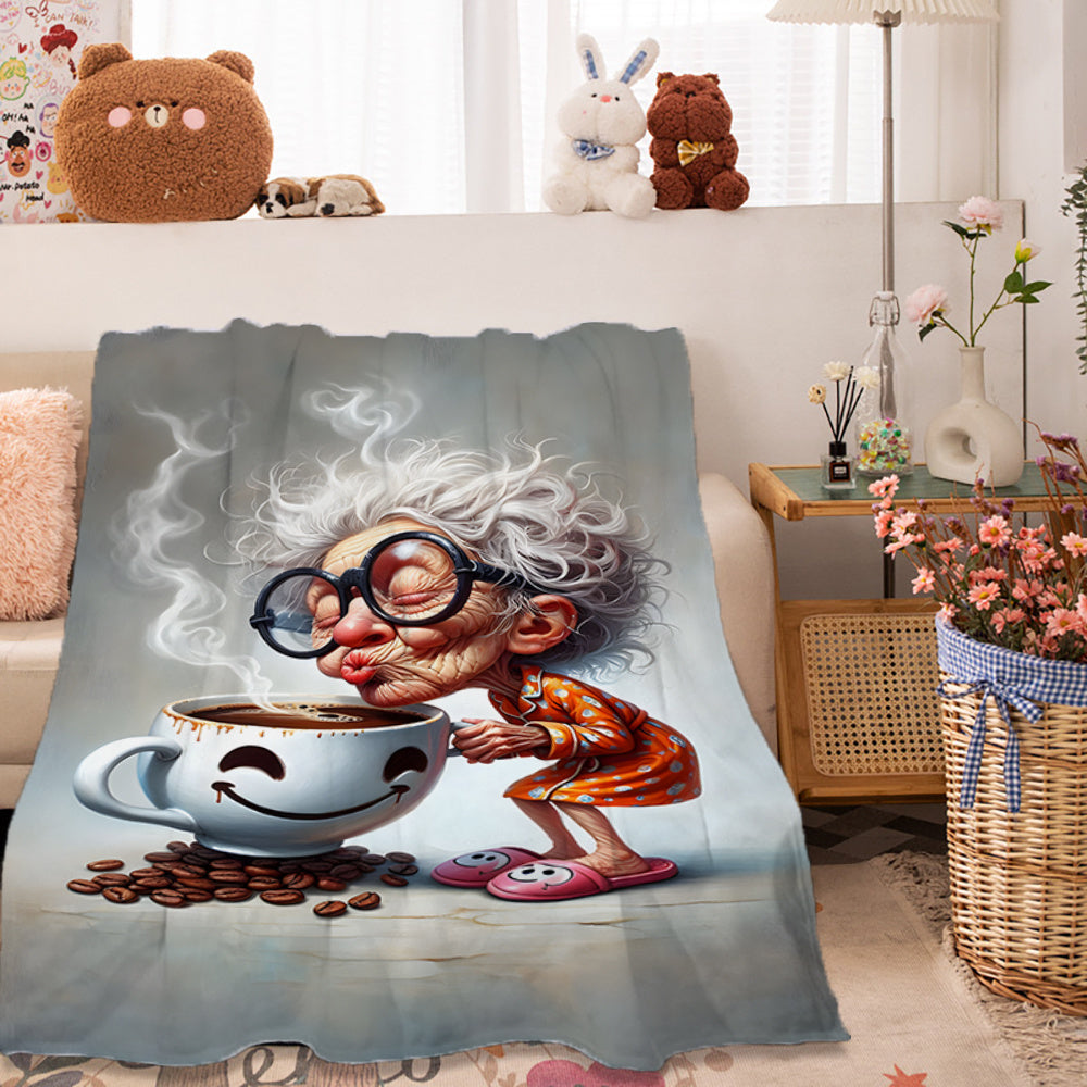 Cozy Flannel Blanket with Coffee Print Lightweight All-Season Knit Throw for Living Room Bed Decor