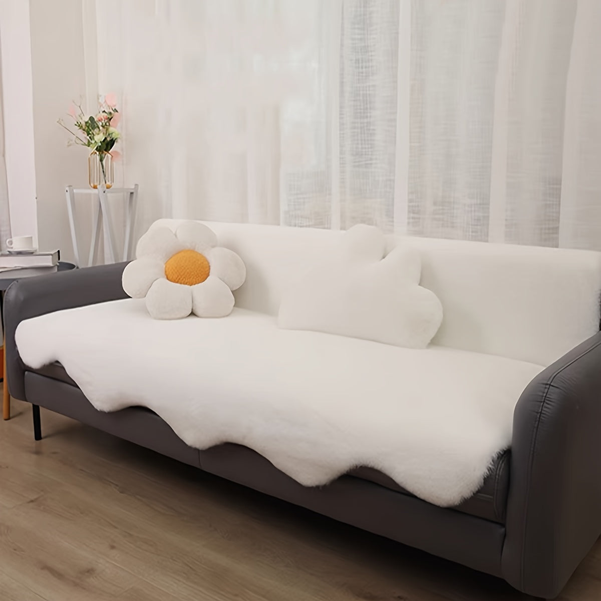 Faux Rabbit Fur Sofa Cushion Beige Irregular Shape Plush Bedside Mat