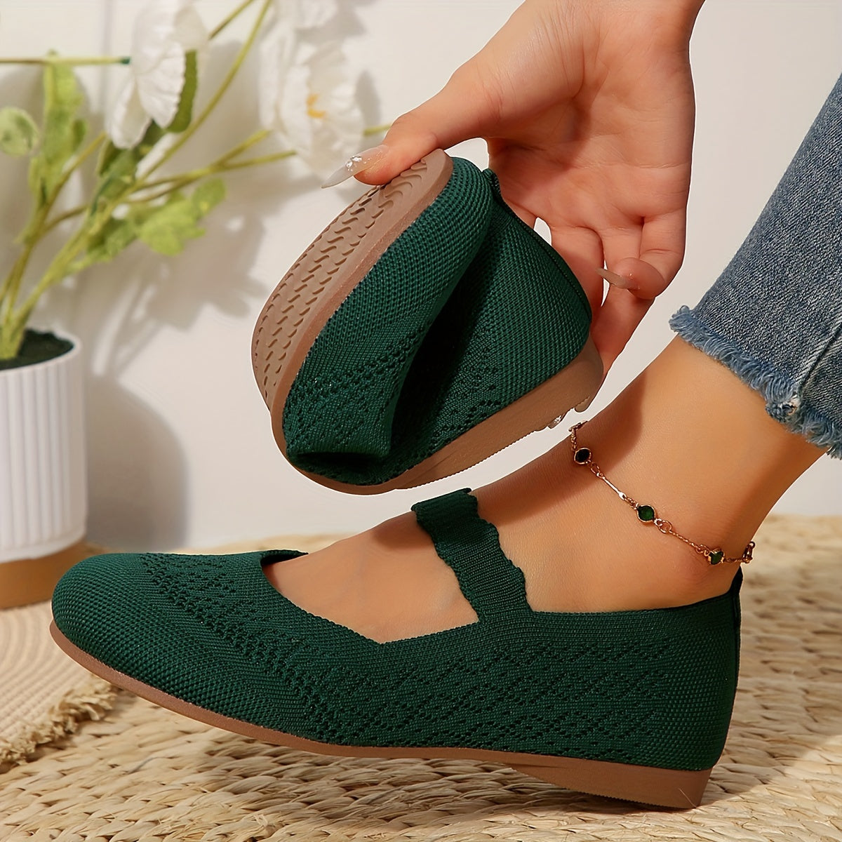Women All-Season Knit Mary Jane Flats Solid Color Slip-On Round Toe Shoes