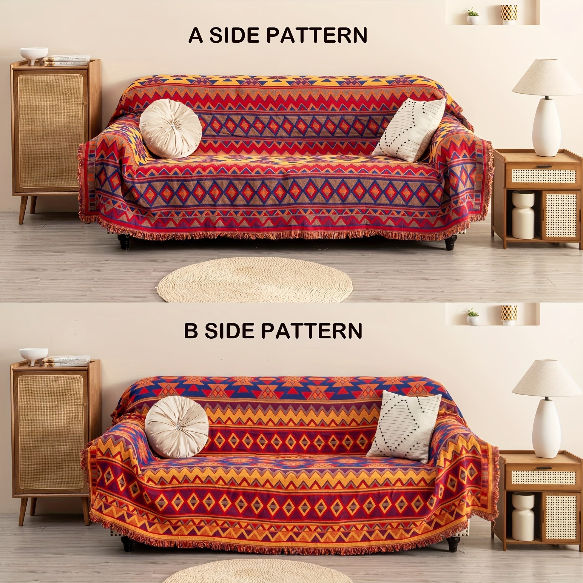 Bohemian Reversible Throw Blanket with Geometric Pattern and Tassels for Couch Protection
