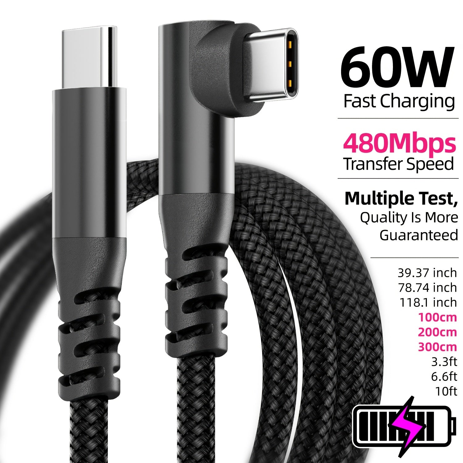 60W USB-C to USB-C Fast Charging Cable 90-Degree Elbow Flat Design for iPhone, iPad, MacBook, Samsung, Xiaomi, OnePlus, Vivo, OPPO 3.05m
