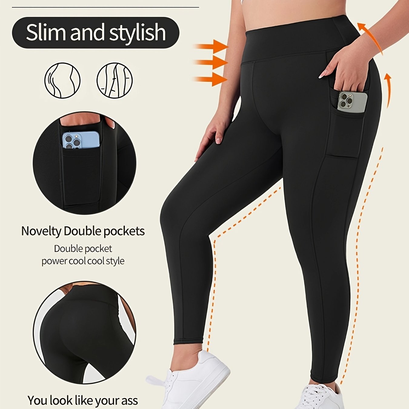 Plus Size Women Solid High-Waisted Leggings Stretchy Pockets Casual