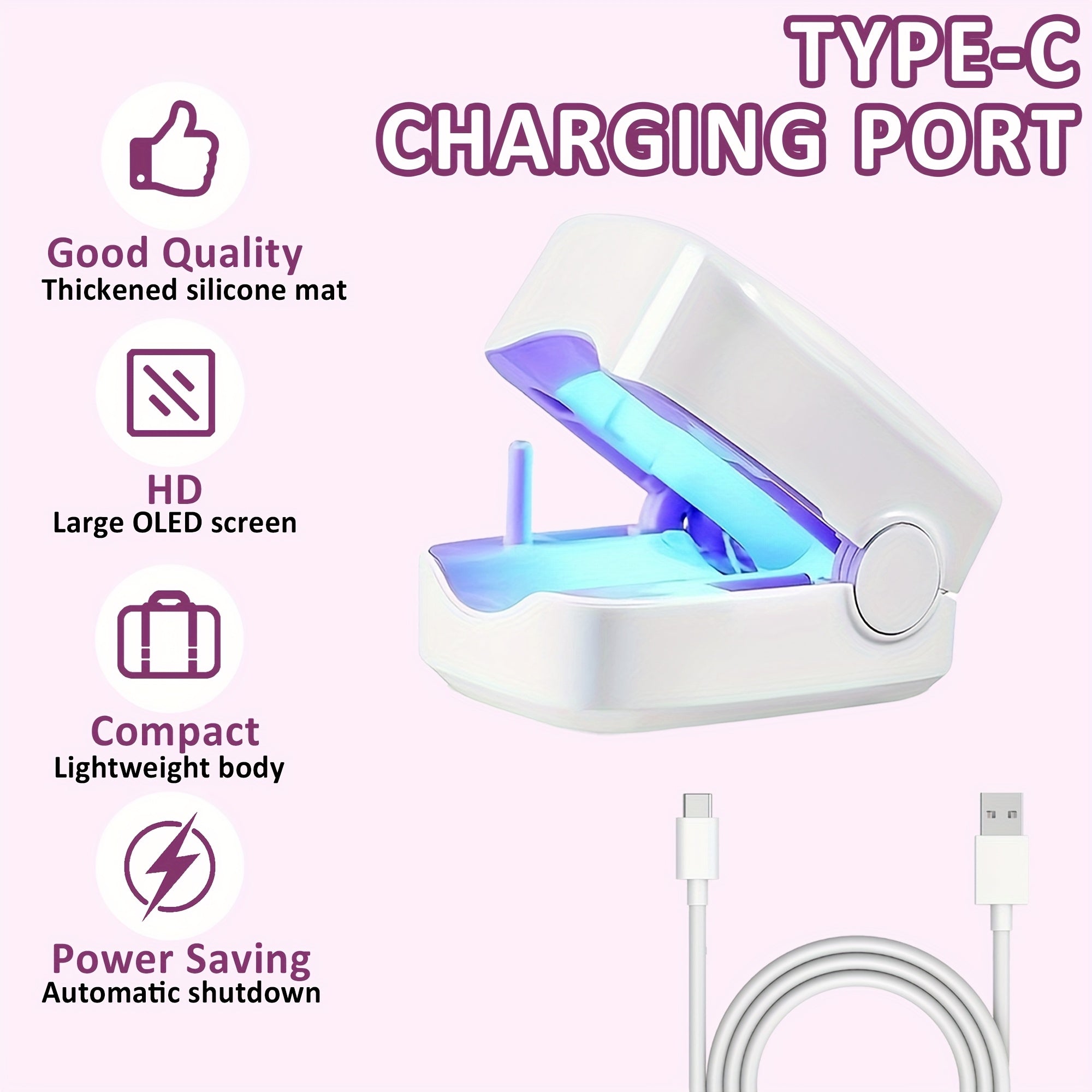 USB zaryadlash bilan portativ tirnoq tozalash chirog'i, 400mAh litiy batareyasi, uyda foydalanish yoki sovg'a uchun qulay dizayn, manikurlar uchun mukammal.