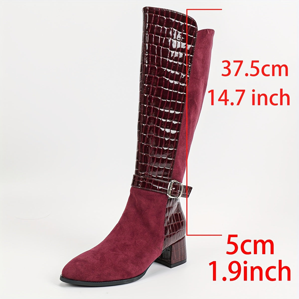 Wine Red Mid-Heeled Knee-High Boots with Pointed Toe and Side Zippers