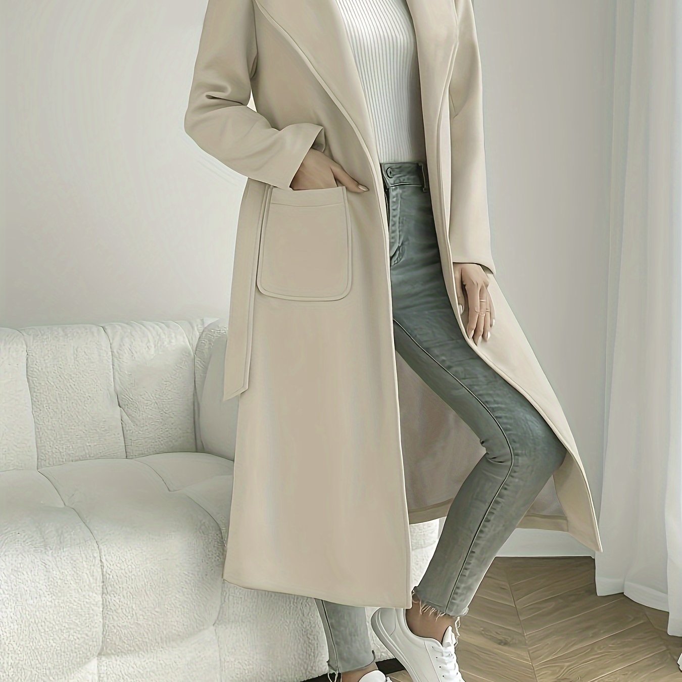 Women's Solid Color Wool Blend Overcoat with Belt Long Sleeve Fall Winter Outerwear