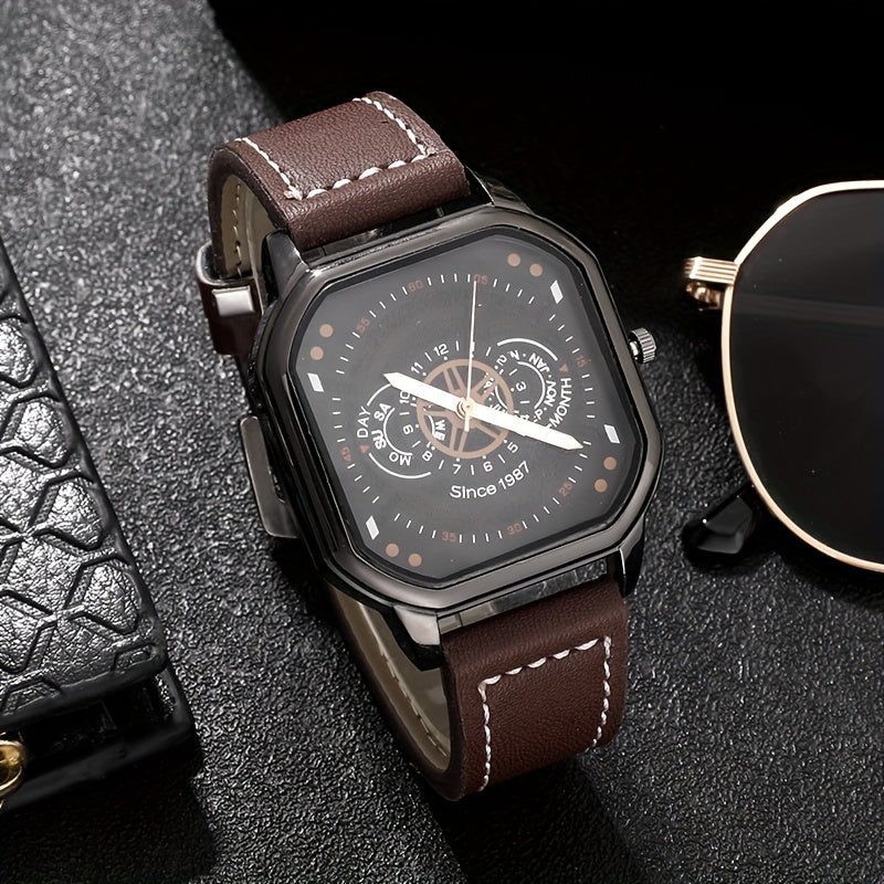 Men's Business Watches and Bracelets Set of Five with Leather Straps and Metal Bands