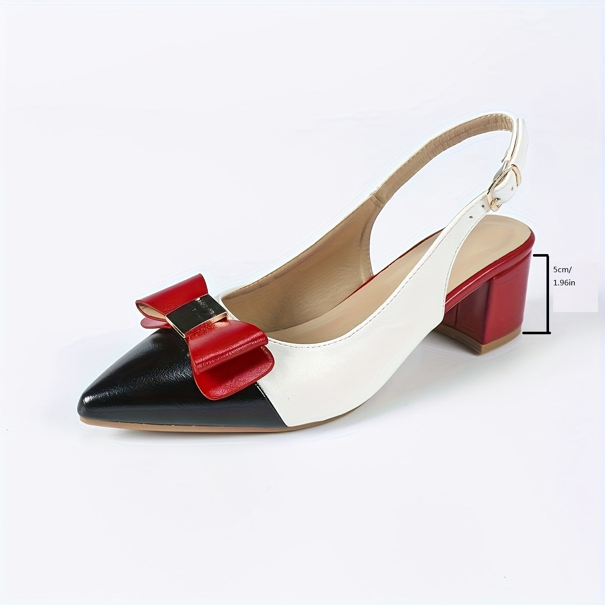 Women's Pointed-Toe Block Heel Pumps with Red Bow White Black Synthetic