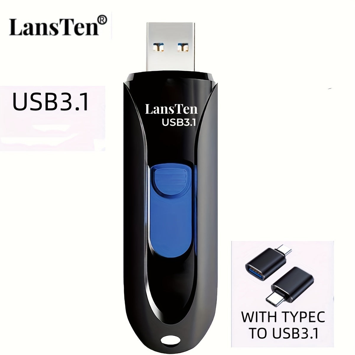 LansTen Yuqori Tezlikdagi USB 3.1 Flesh Disk, Type-C dan USB 3.1 Adapter bilan, turli sig‘imlarda mavjud, Kompyuter saqlash uchun mustahkam Zip Disk