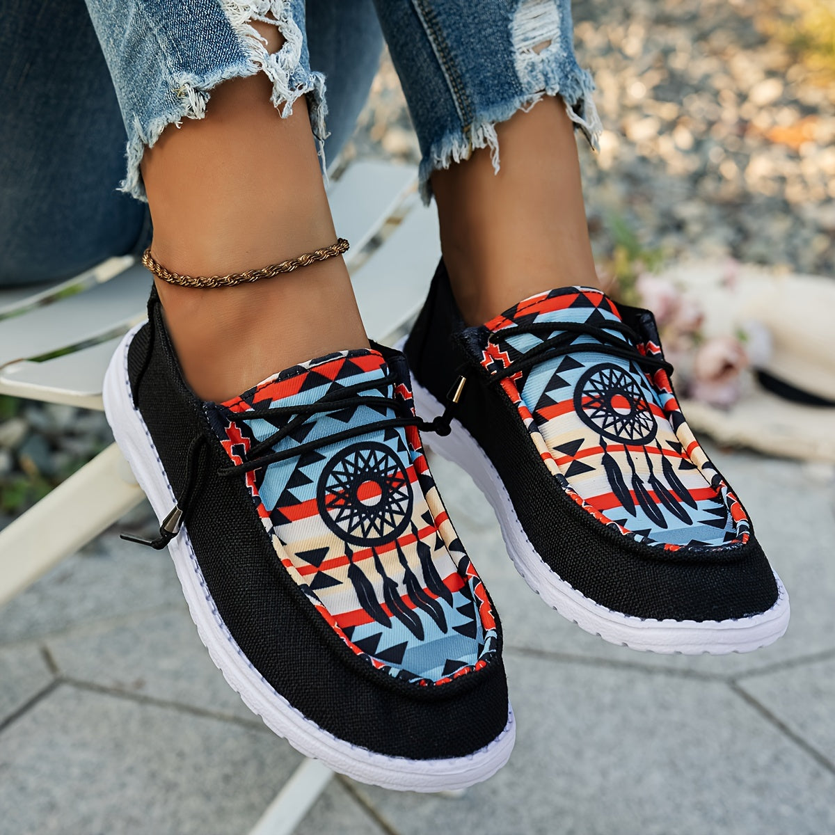 Women's Black Breathable Slip-On Flat Sneakers with Elastic Straps