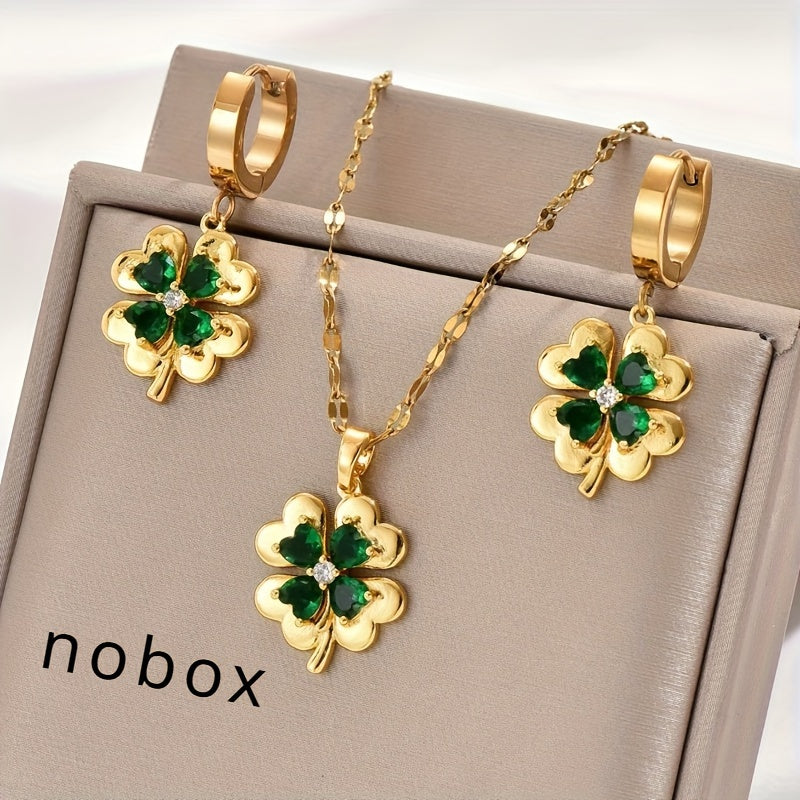 Set of 3 Gold-Tone Stainless Steel Clover Pendant Necklaces and Earrings with Cubic Zirconia and Emerald Stones Unisex Jewelry