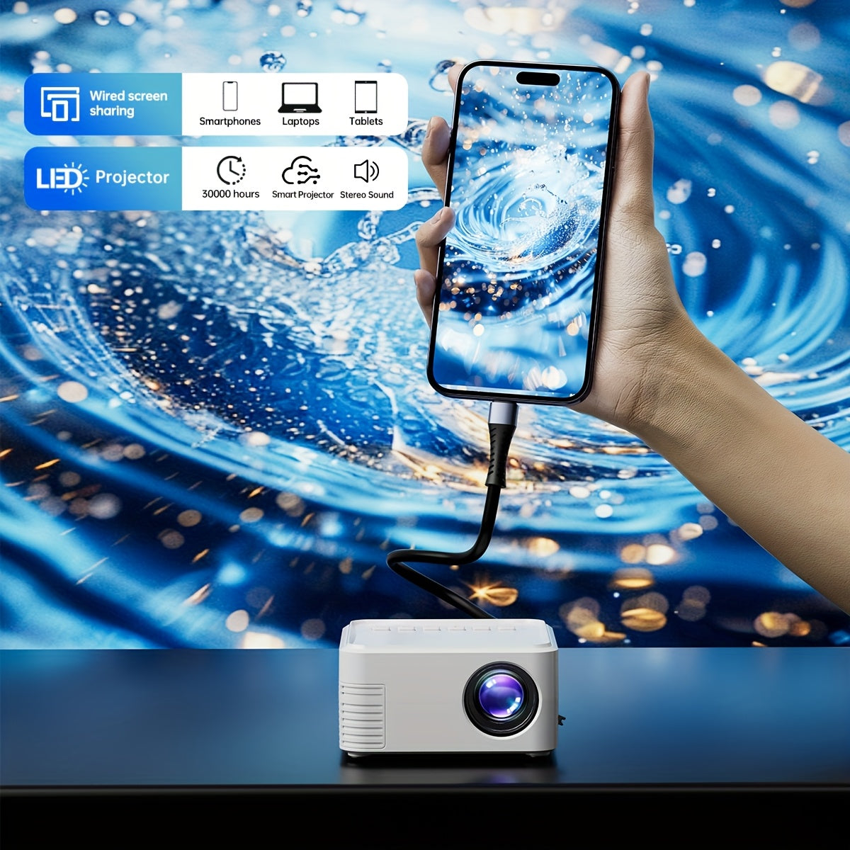 Мини портативный LCD-проектор для домашнего кинотеатра, дисплей 203 см, пульт, USB