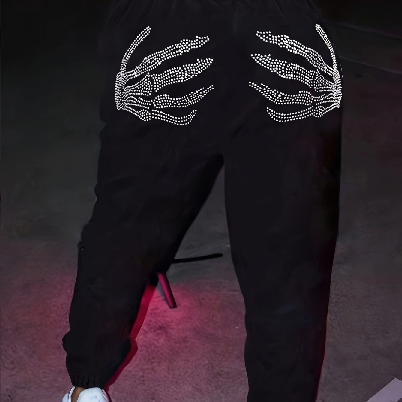 Women's All Season Knit Jogger Pants with Elastic Waistband Skeleton Hands Letter Embellishments