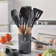 12-Piece Silicone Kitchenware Set with Wooden Handles, Green and Pink Non-Stick Cookware