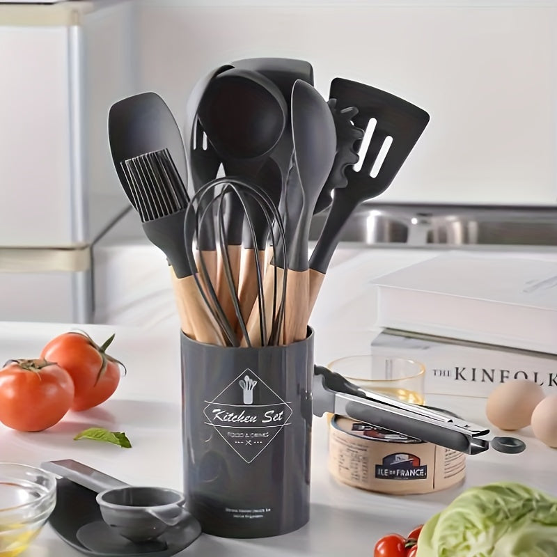 12-Piece Silicone Kitchenware Set with Wooden Handles, Green and Pink Non-Stick Cookware