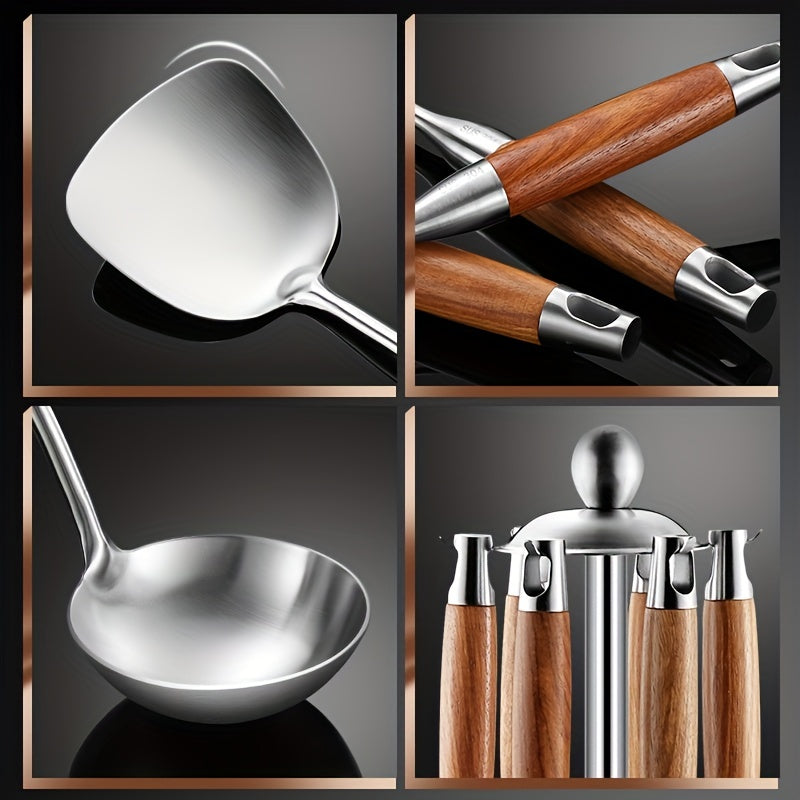 7-Piece Stainless Steel Kitchen Cookware Set with Wooden Handles and Stand