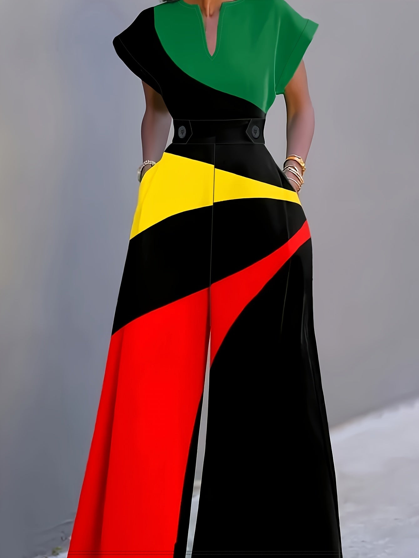 Women's Color-Block V-Neck Short Sleeve Jumpsuit Wide Leg Casual