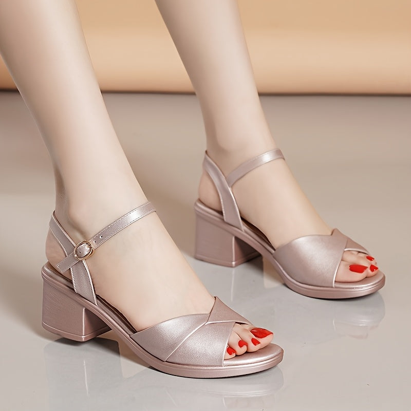 Women Summer Faux Leather Open Toe High Heels with Ankle Strap