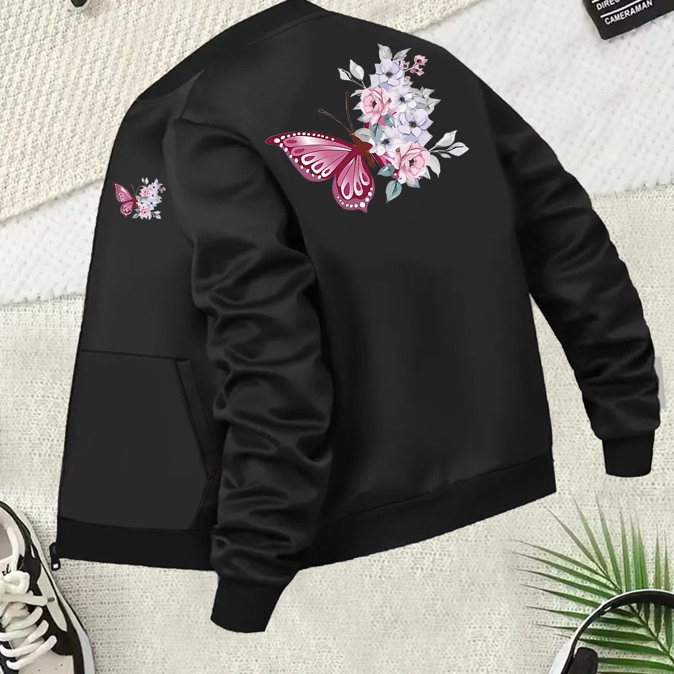 Women's Black All-Season Jacket with Floral Pockets Plus Size