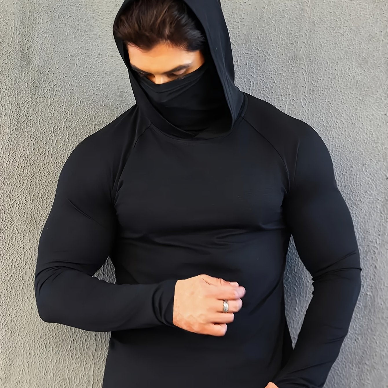 Men's Hooded Long-Sleeve T-Shirt with Mask Breathable Quick-Drying Compression Sports Top for Spring and Autumn