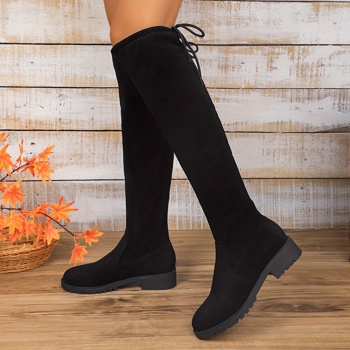 Women's Black Over-the-Knee Boots Casual Lace-Up Chunky Heel Winter