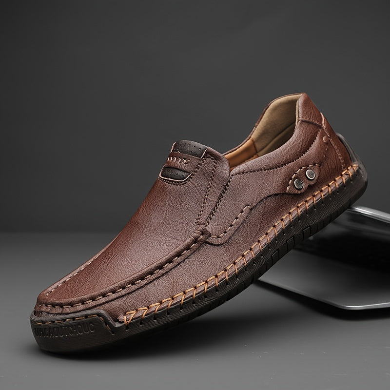 Men's Brown Slip-On Loafers with Stitched Detailing, Rubber Sole, Casual Dress Shoes