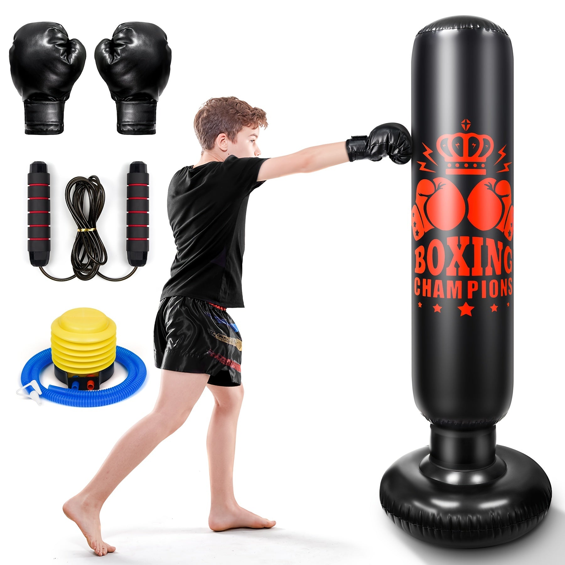 Kids Inflatable Punching Bag Set with Boxing Gloves and Skipping Rope for Karate and Kickboxing